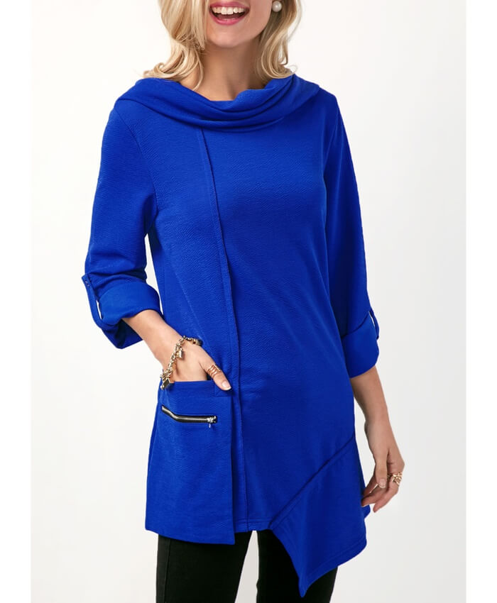 Pocket Roll Tab Sleeve Asymmetric Hem Blouse